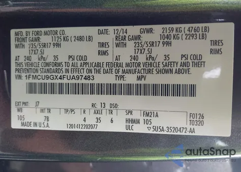 2015 Ford Escape Se from USA, damaged, VIN 1FMCU9GX4FUA97483